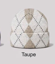 Load image into Gallery viewer, Wine, denim, pink,taupe diamond pattern wool blend hat and scarf set
