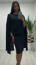 Load image into Gallery viewer, Black pleat cape sleeve kyla dress
