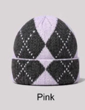 Load image into Gallery viewer, Wine, denim, pink,taupe diamond pattern wool blend hat and scarf set
