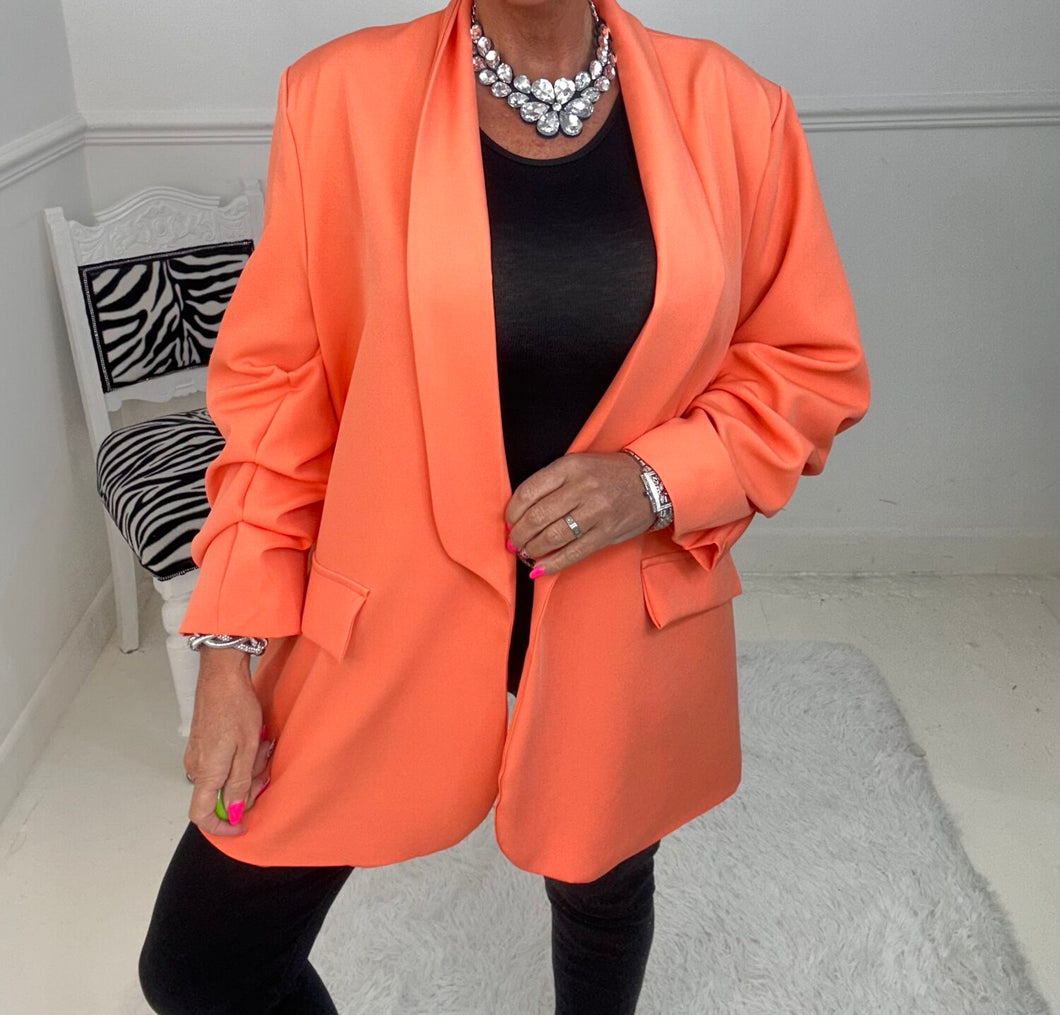 Coral ruched sleeve blazer