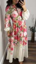 Load image into Gallery viewer, Red rose cream buttoned dress
