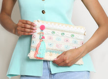 Load image into Gallery viewer, Pink and mint embellished tassel clutch handbag
