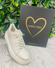Load image into Gallery viewer, Gold sparkle stretch lace marco tozzi trainer
