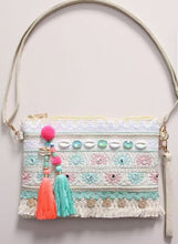 Load image into Gallery viewer, Pink and mint embellished tassel clutch handbag
