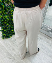 Load image into Gallery viewer, Nude, white, grey, black pin stripped elastic trouser

