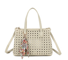 Load image into Gallery viewer, Beige, white, green lasercuts grab handbag
