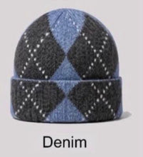 Load image into Gallery viewer, Wine, denim, pink,taupe diamond pattern wool blend hat and scarf set
