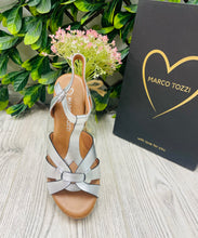 Load image into Gallery viewer, Silver cork heel marco tozzi sandal sizes 7

