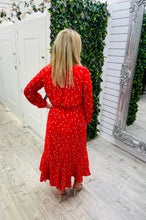 Load image into Gallery viewer, red and white polka dot marc angelo wrap midi dress
