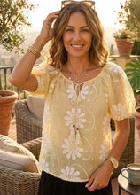 Load image into Gallery viewer, Yellow, blue, beige, pink floral embroidered n blouse top
