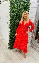 Load image into Gallery viewer, red and white polka dot marc angelo wrap midi dress
