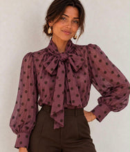 Load image into Gallery viewer, Wine or brown polka dot bow tie kyla blouse
