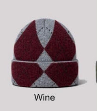 Load image into Gallery viewer, Wine, denim, pink,taupe diamond pattern wool blend hat and scarf set
