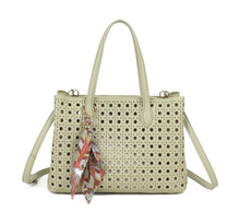 Load image into Gallery viewer, Beige, white, green lasercuts grab handbag
