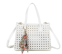 Load image into Gallery viewer, Beige, white, green lasercuts grab handbag
