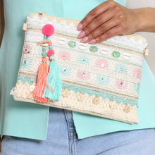 Load image into Gallery viewer, Pink and mint embellished tassel clutch handbag
