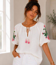 Load image into Gallery viewer, Pink, white or blue js flower sleeve puff blouse top
