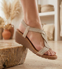 Load image into Gallery viewer, Beige or gold diamonte twist slight wedge sandal
