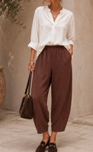 Load image into Gallery viewer, Burgundy, chocolate, beige , taupe barrel thea trouser
