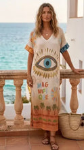 Load image into Gallery viewer, Beige checkered or eye paris printed dress
