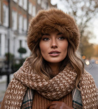 Load image into Gallery viewer, Camel and black fur trim knit hat
