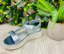 Load image into Gallery viewer, Platinum silvery blue marco tozzi sandal sizes 3,5,6,7,8
