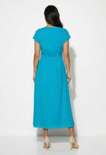 Load image into Gallery viewer, Blue saint maine brooch elasticated false wrap dress
