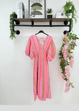 Load image into Gallery viewer, Pink, orange, bubble pink line puff sleeve cotton maxi
