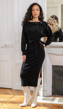 Load image into Gallery viewer, Black knit jumper dress flower embroidery
