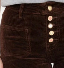 Load image into Gallery viewer, Caramel, dark maroon velvet corduroy folyrose buttons trouser
