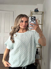 Load image into Gallery viewer, Mint or royal blue Polka Dot Textured Tee with Ruffle Sleeves &amp; Drawstring Hem top

