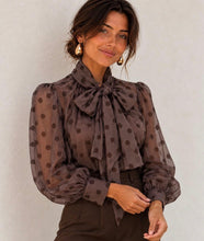 Load image into Gallery viewer, Wine or brown polka dot bow tie kyla blouse
