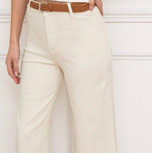 Load image into Gallery viewer, Cream brown belted jeans
