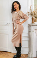 Load image into Gallery viewer, Beige knit jumper dress flower embroidery
