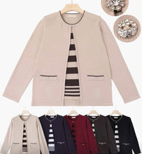 Load image into Gallery viewer, Cream, brown, wine, black, navy twin set attached cardigan paris top
