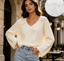 Load image into Gallery viewer, Cream, black, grey, coffee, beige bow detailing v neckline jumper
