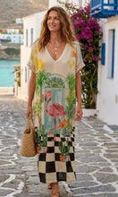 Load image into Gallery viewer, Beige checkered or eye paris printed dress
