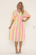 Load image into Gallery viewer, Pink, orange, bubble pink line puff sleeve cotton maxi
