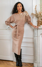 Load image into Gallery viewer, Beige knit jumper dress flower embroidery
