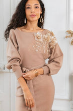 Load image into Gallery viewer, Beige knit jumper dress flower embroidery
