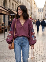 Load image into Gallery viewer, Burgundy or khaki paris flower sleeve blouse top
