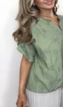 Load image into Gallery viewer, White, khaki, Broderie Anglaise Drawstring Hem Top | Eyelet Floral Button Front lv Blouse top
