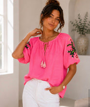Load image into Gallery viewer, Pink, white or blue js flower sleeve puff blouse top
