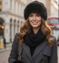 Load image into Gallery viewer, Camel and black fur trim knit hat
