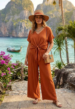 Load image into Gallery viewer, Black, green, taupe, orange, crinkle front tie co ord set

