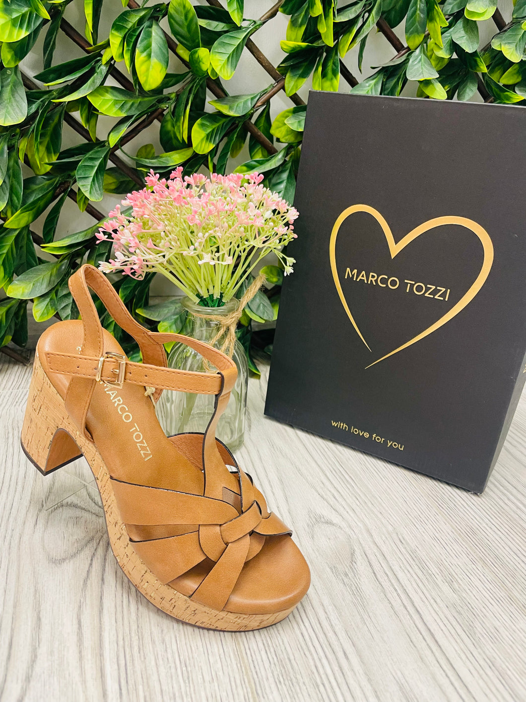 Tan cork heel marco tozzi sandal