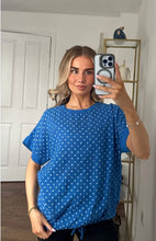 Load image into Gallery viewer, Mint or royal blue Polka Dot Textured Tee with Ruffle Sleeves &amp; Drawstring Hem top
