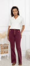 Load image into Gallery viewer, Burgundy, dark blue, bronze, black folyrose wide leg gold button jeans
