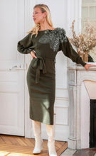 Load image into Gallery viewer, Green knit jumper dress flower embroidery
