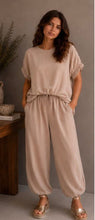 Load image into Gallery viewer, Beige kyla stretch sleeve top and matching trouser co ord

